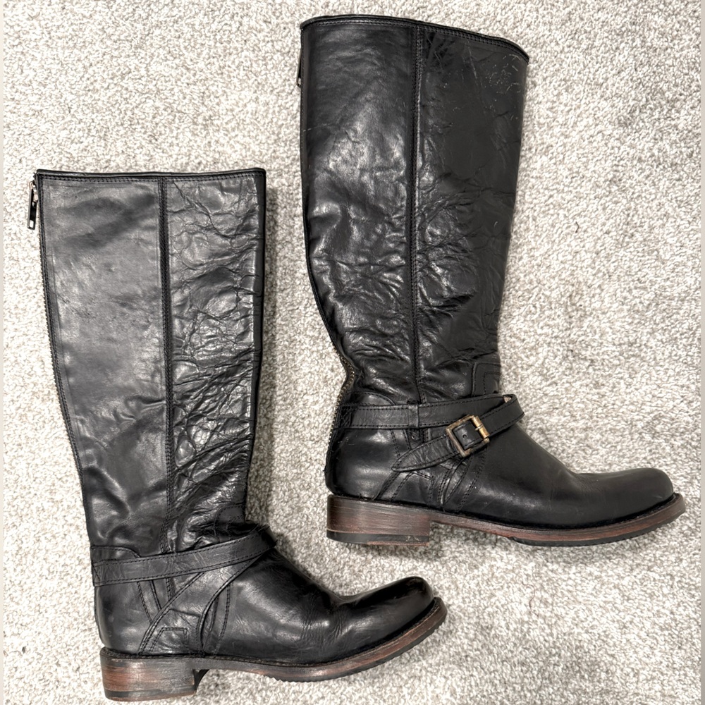 FreeBird by Steve Shado Distressed Leather Tall Zip Up Moto Boots Black sz 9